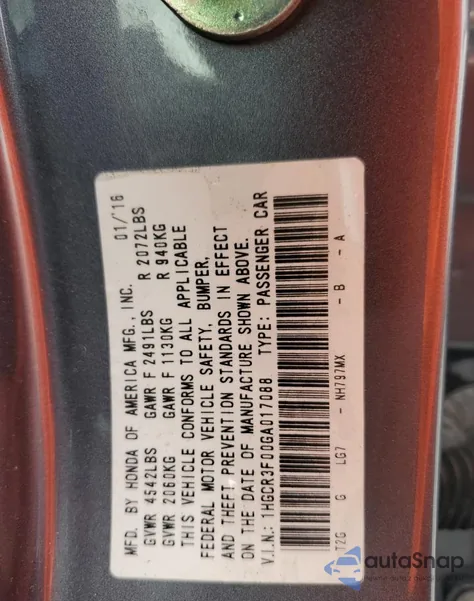 2016 Honda Accord Exl z USA, uszkodzony, nr VIN 1HGCR3F00GA017088